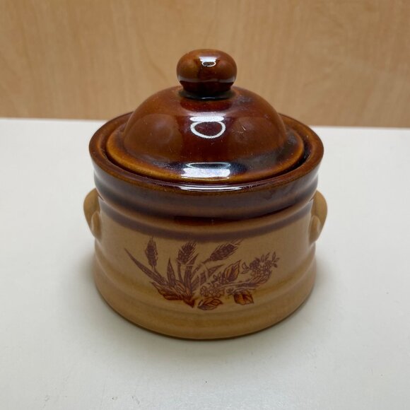 Vintage Brown Ceramic Lidded Crock With Wheat Design - Picture 1 of 9